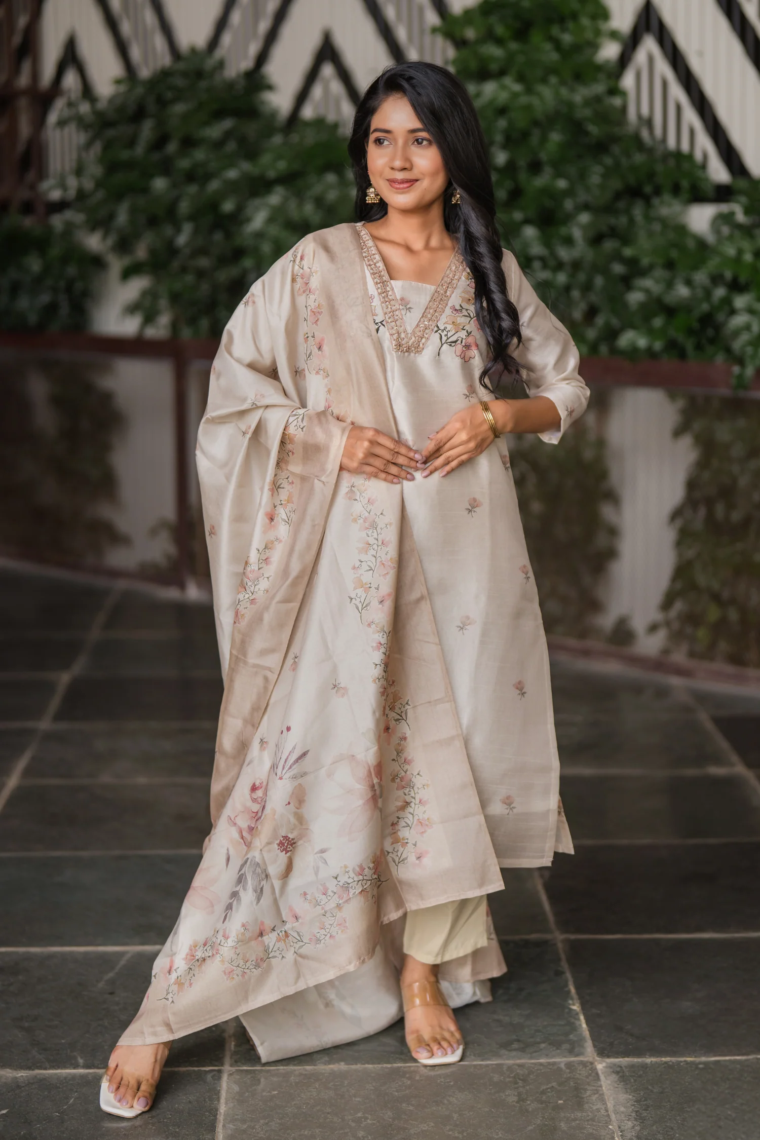 Ivory Grace Embroidered & Printed 3 Piece Tussar Silk Blend Kurti Set with Dupatta